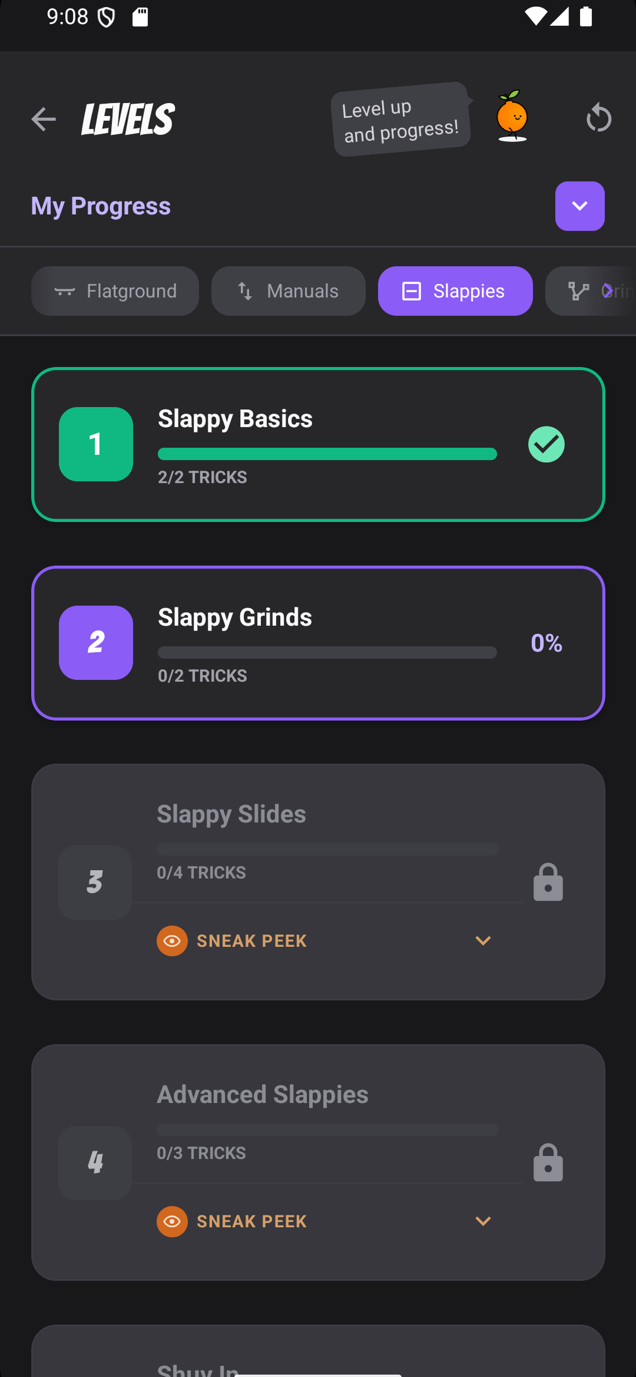 Levels progression screen with trick categories