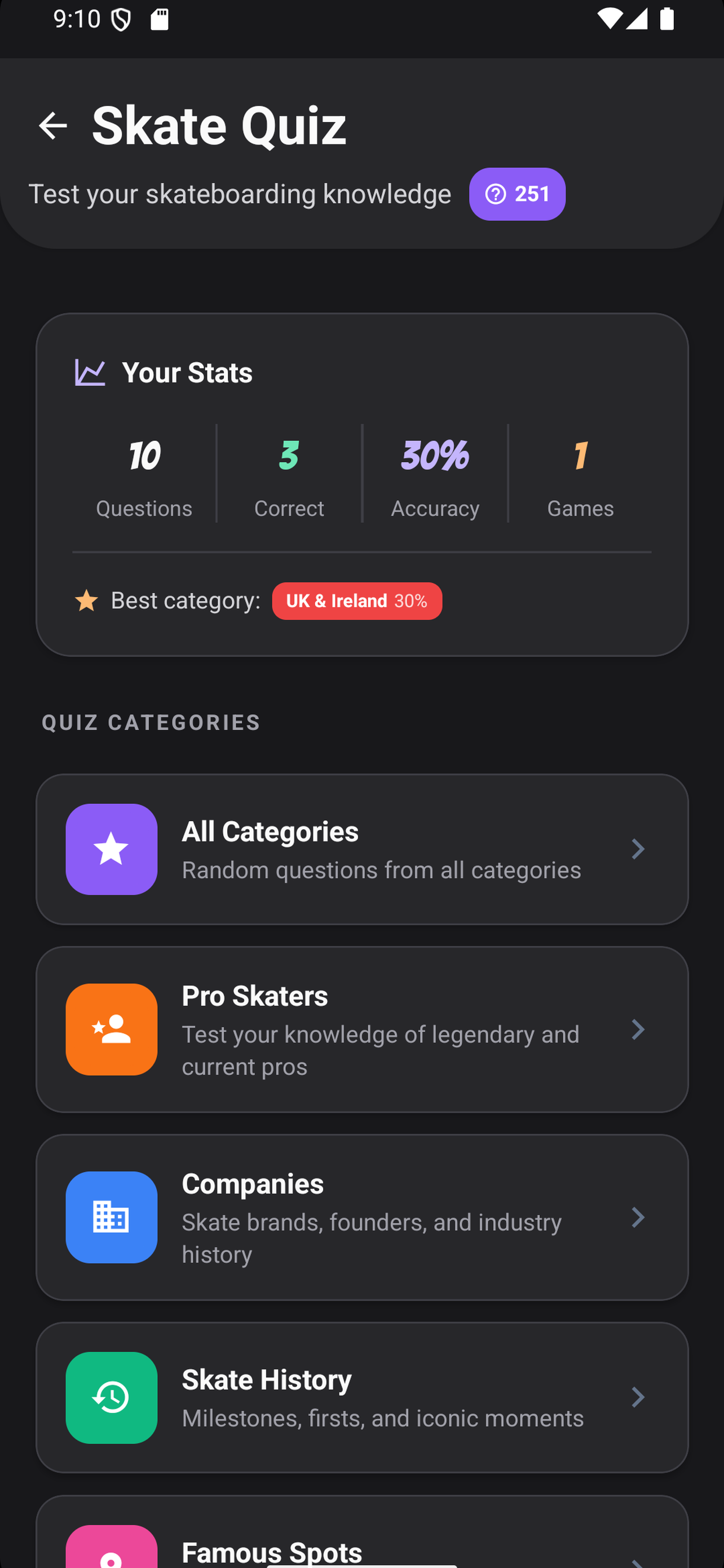 Skate quiz with categories like pro skaters, history, and culture