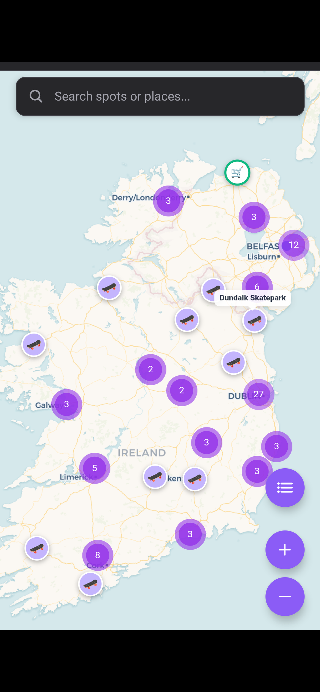 Spot finder map showing skateparks across Ireland